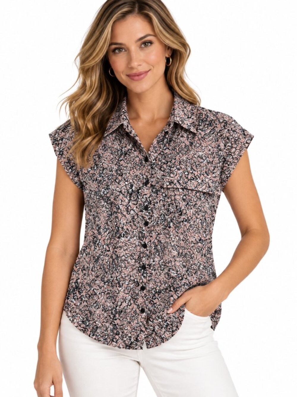 BCBGeneration Women’s XS Pink Black Abstract Print Button Front Short Sleeve